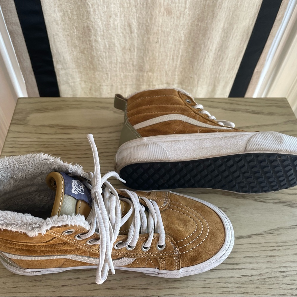 Tan and White Vans High-Top Sneakers